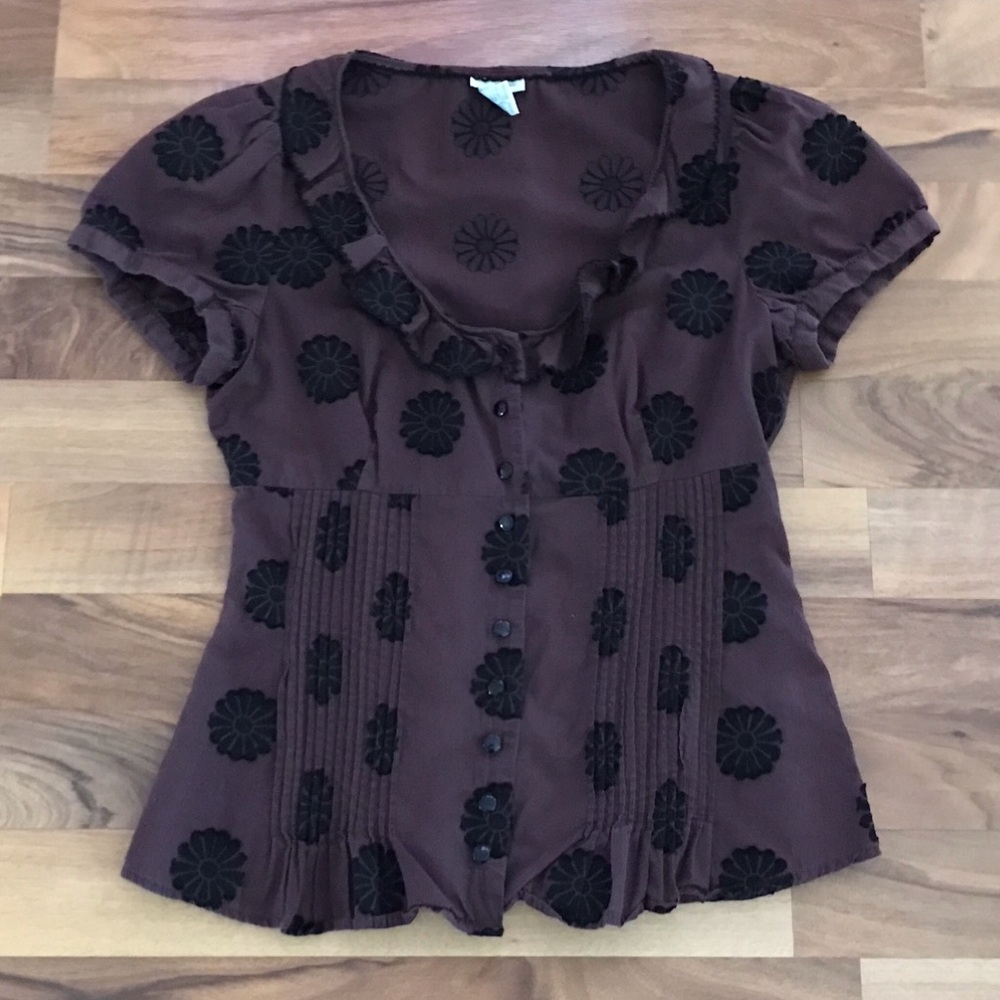 Brown floral ruffle blouse